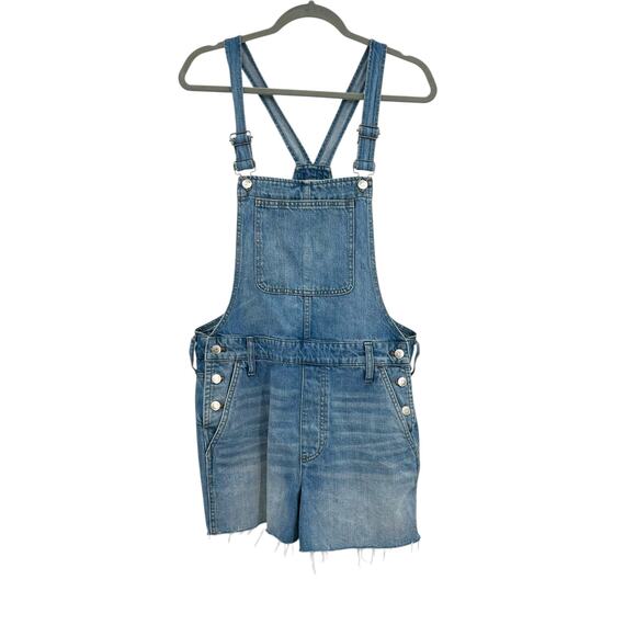 Madewell Adirondack Short Distressed Overalls Denim Medium Wash Blue Large - Picture 2 of 11